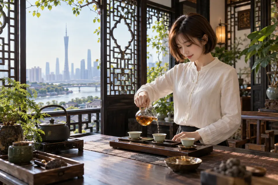 岭南花窗前的冲泡空间，公道杯置于茶席上