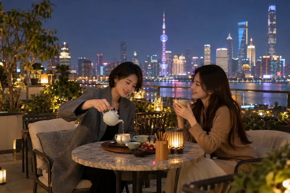 屋顶露台的夜间茶叙，朋友围坐倒茶交流