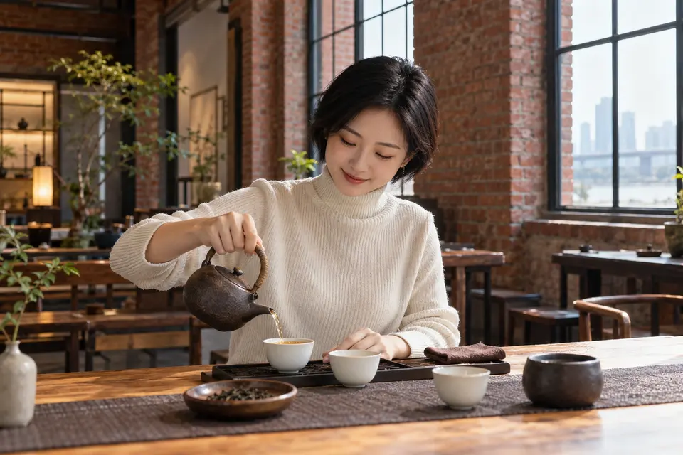红砖改造空间内的茶席，陶壶正在倒茶