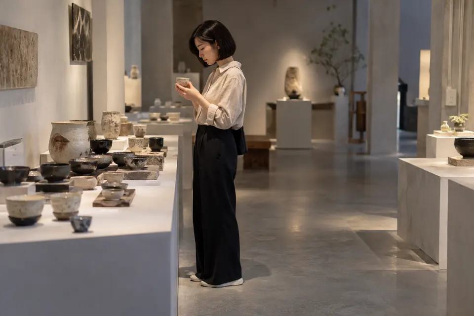 陶瓷茶器展览与品饮场景，茶器陈列于桌面